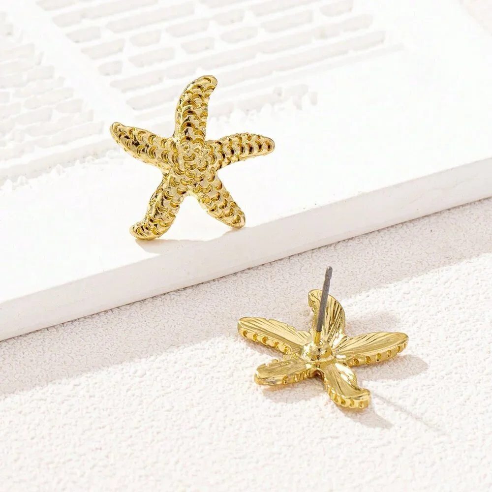 Yellow Gold Boho Women's Geometric Pearl & Starfish Stud Earrings